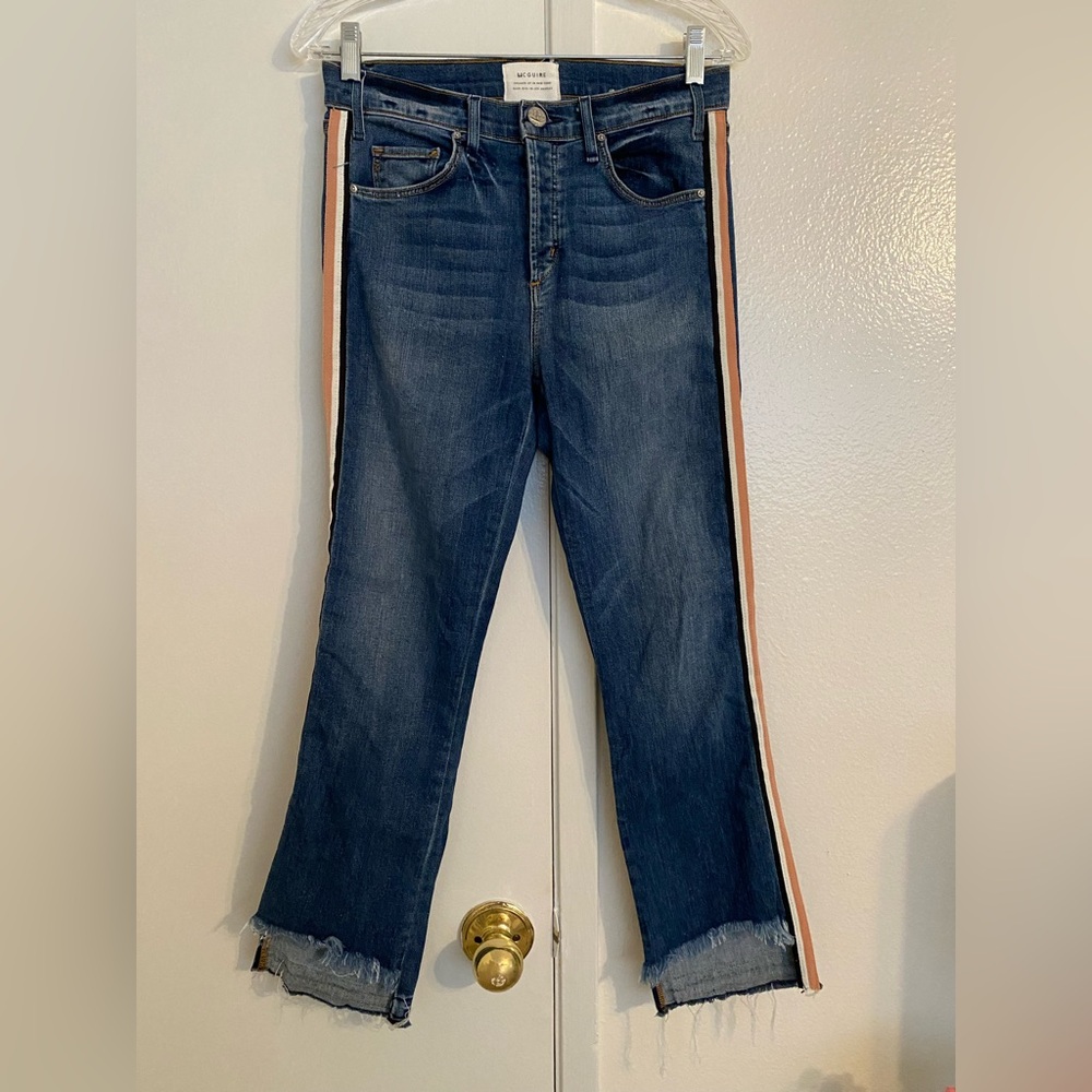 McGuire Ibiza Side Stripe Button Fly Step Hem Cropped Jeans Womens 27 Dark Denim